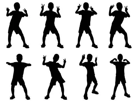 Boy dancing and fooling around silhouettes set Stockillustratie