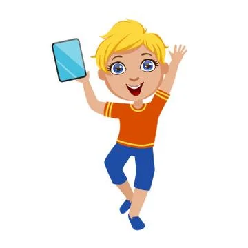Boy Dancing Holding Tablet, Part Of Kids And Modern Gadgets Series Of Vector Stock Illustration