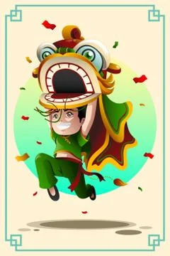 Boy Dancing  Lion Dance Stock Illustration
