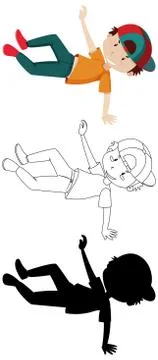 Boy dancing position in colour and outline and silhouette Stock Illustration