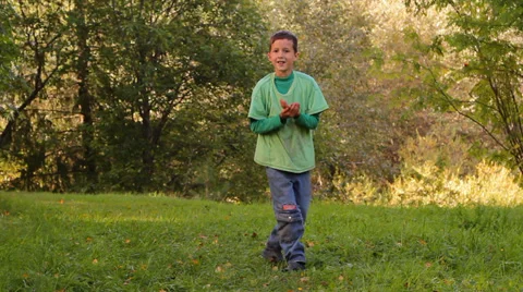 Boy dancing, somersaults, jumping on the grass Stock Footage 28859238