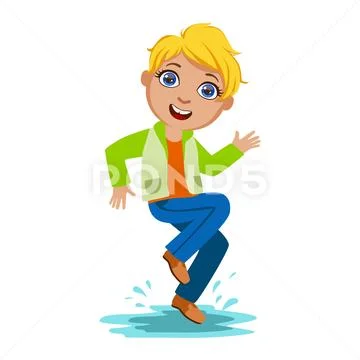 Boy Dancing Splashing Water, Kid In Autumn Clothes In Fall Season Enjoyingn Rain Stock Illustration
