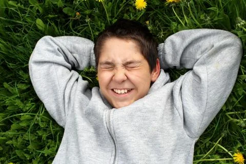 The boy in the dandelions Stock Photos