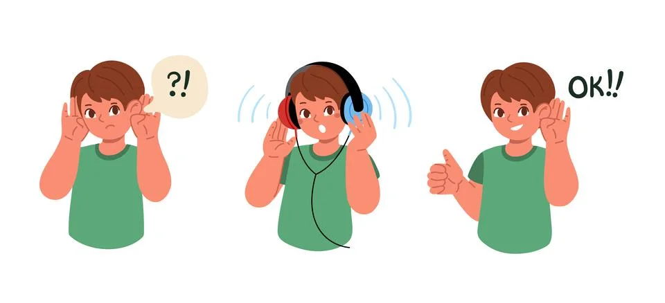 Boy is deaf.Hearing exam for children.Vector flat illustration Stock Illustration
