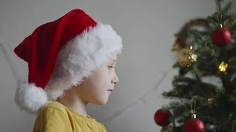 Boy decorates a Christmas tree by hanging Christmas toy balls in the room Stock Footage 291610111