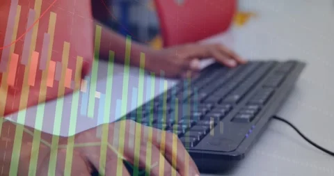 Boy at desk using right hand mouse typing starting overlay clicking education Stock Footage 334182284