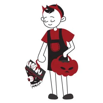 Boy in devil costume with pumpkin and toothy cake. Concept of traditional イラスト素材
