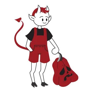 Boy in devil costume with pumpkin. Concept of traditional celebration of All Stock Illustration