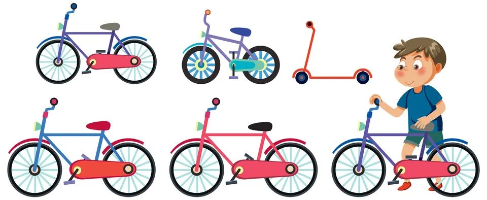 Boy with different bicycle on white background Stock Illustration