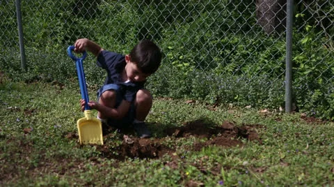 Boy digging a hole in the back yard Stock Footage 22935240