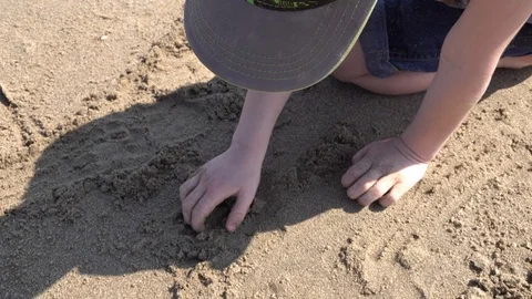 A boy digs in the sand on a beach Stock Footage 91284708