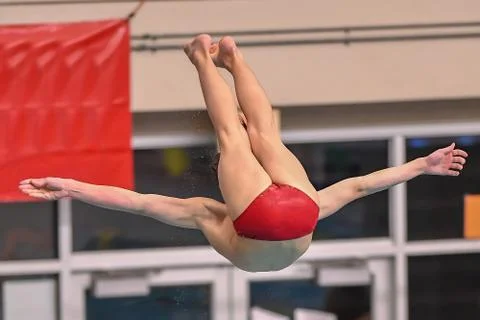 Boy divers competing at a diving meet at a competition in South Texas Stock Photos