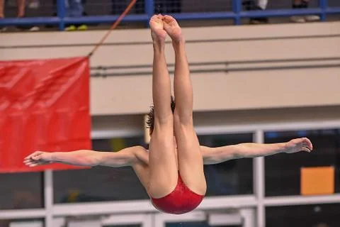 Boy divers competing at a diving meet at a competition in South Texas Stock Photos
