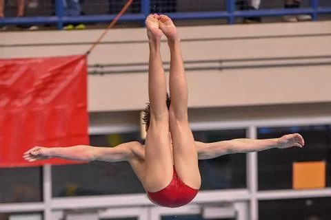 Boy divers competing at a diving meet at a competition in South Texas Stock Photos