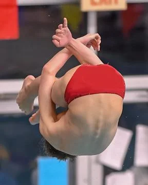 Boy divers competing at a diving meet at a competition in South Texas Stock Photos