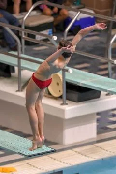 Boy divers competing at a diving meet at a competition in South Texas Stock Photos