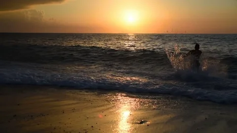 Boy diving into the sea with sunset Stock Footage 82575571