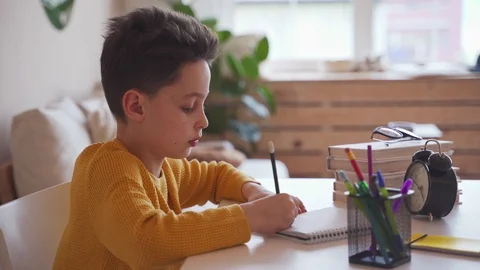Boy do school homework, writes a ballpoint pen in a notebook. Vídeos de archivo 104237310