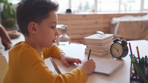 Boy do school homework, writes a ballpoint pen in a notebook. 스톡 동영상 104238275