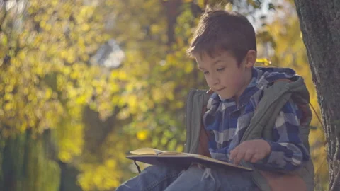 Boy does his homework sitting on a yellow leaf in the park 스톡 동영상 255978038