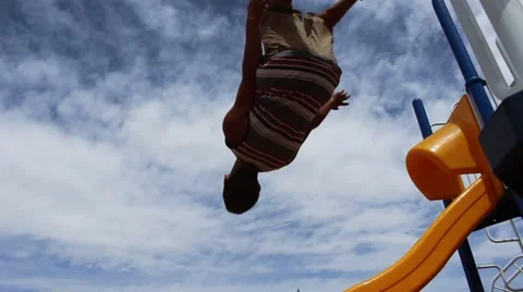 Boy doing back flip off rail in playground Vídeos de archivo 53769759