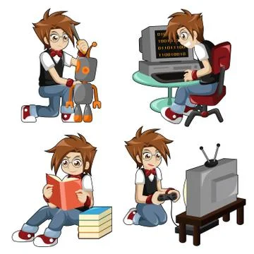 Boy doing different activities Stock Illustration