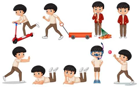 Boy doing different activities on white background Stock Illustration