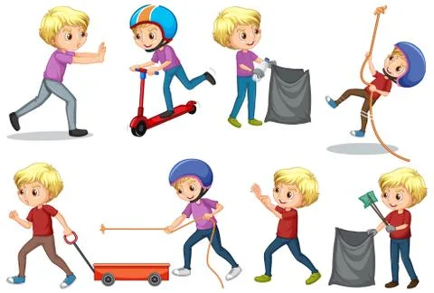Boy doing different activities on white background Stock Illustration