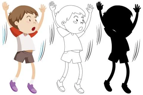 Boy doing exercise with its outline and silhouette Stock Illustration