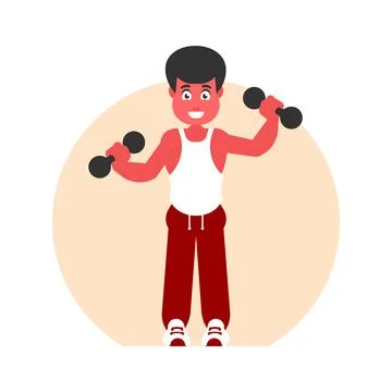 Boy doing exercises with dumbbells. Vector illustration in flat style. Stock Illustration