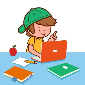 Boy doing his homework on the computer. Vector Illustration Stock Illustration