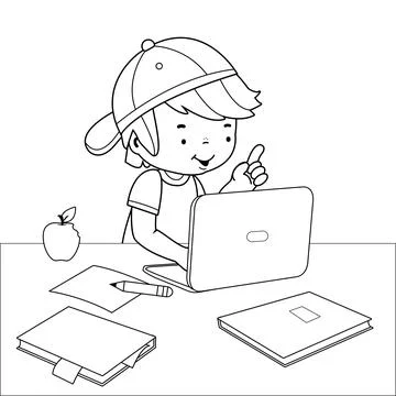 Boy doing his homework on the computer. Vector black and white coloring page Stock Illustration