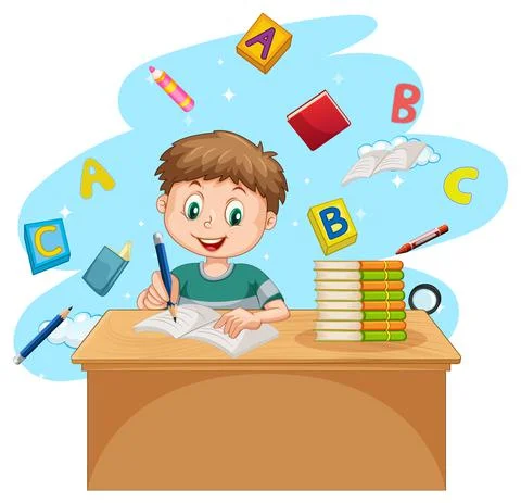 A boy doing homework with books on white background Illustrazione stock