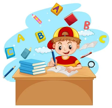 A boy doing homework with books on white background Illustrazione stock