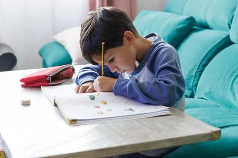 Boy doing homework at home Stock Photos