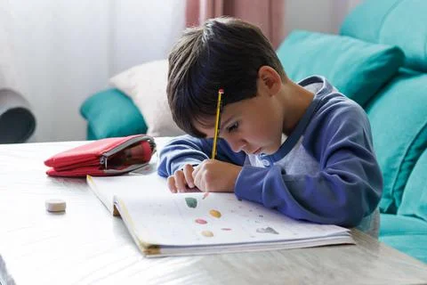 Boy doing homework at home Stock Photos