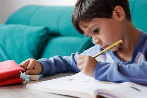 Boy doing homework at home Stock Photos