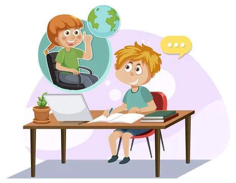 A boy doing homework on laptop Stock Illustration