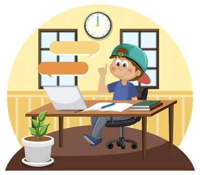 A boy doing homework on laptop Stock Illustration