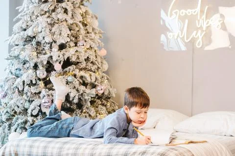 Boy doing homework lying on the sofa, against the backdrop of a Christmas t.. Stock Photos
