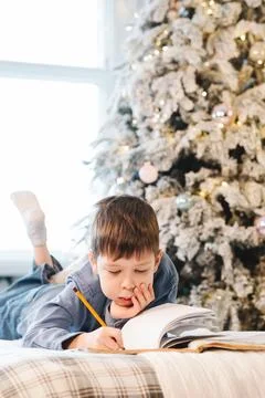 Boy doing homework lying on the sofa, against the backdrop of a Christmas t.. Stock Photos