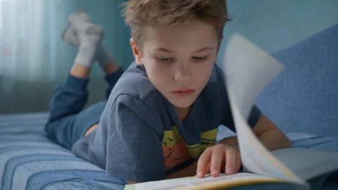 Boy doing homework or reading literature in a living room Stock Footage 325918974