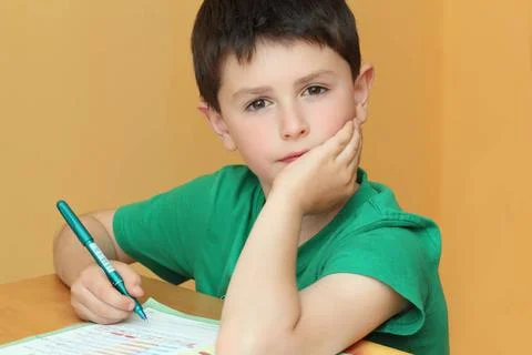 Boy doing homework from school in workbook boy doing homework from school ... Stock Photos
