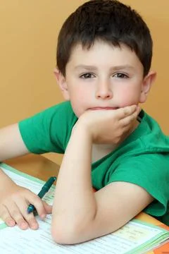 Boy doing homework from school in workbook boy doing homework from school ... Stock Photos