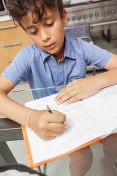 Boy doing homework. Studious schoolboy.. Stock Photos