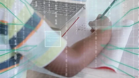 Boy doing math, pencil moving causing callouts tracking tip, binary streams Video stock 333494393