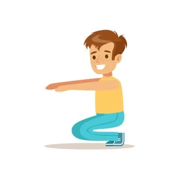 Boy Doing Sit Ups, Kid Practicing Different Sports And Physical Activities In Stock Illustration