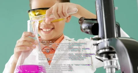 Boy doing STEM demo, raising pipette starting pink mixing while glitch bands Stock Footage 331197647