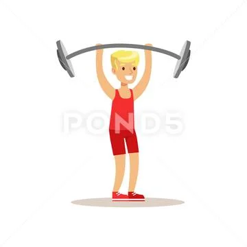 Boy Doing Weight Lifting, Kid Practicing Different Sports And Physical Stock Illustration
