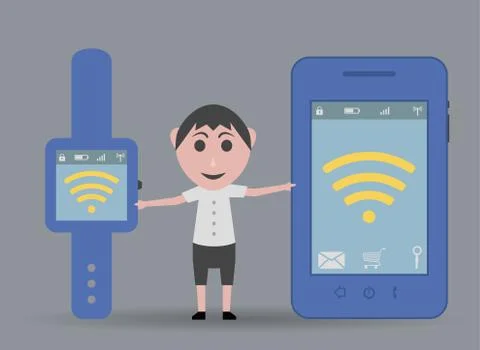 Boy doll mobile phone connected to clock イラスト素材